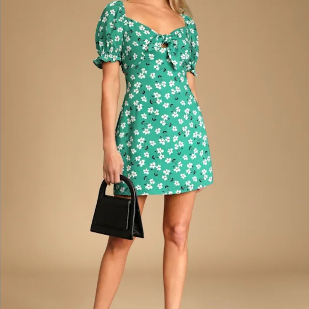 Blooming Bouquet Green Floral Lace-Up Tie-Front Mini Dress